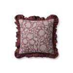 Two-toned plum purple square throw pillow with botanical and bird pattern and ruffled edges
