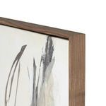 Close-up of rustic walnut frame corner with canvas edge of Illumination IV By Matera painting