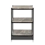 Nightstand with legs shown in a three-quarter back angle focusing on frame and shelves