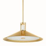 Clermont Pendant lit with light illuminating alabaster diffuser and brass cone, front view on white background