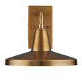 Front view focusing on smooth surface and metallic patina of geometric shade and backplate