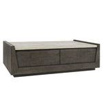 Two-tone coffee table with dark brown reclaimed pine base and smooth gray concrete laminate top, featuring four back-to-ba...