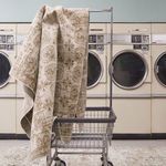 Rug draped over laundry cart inside laundromat, showing portability and washable material