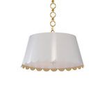 White scalloped pendant light with gold interior shade and white chain suspension