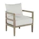Santa Barbara Teak Lounge outdoor accent chair with grayish natural teak frame and white cushions