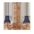 Double Bell Indigo chandelier shades on a curved natural wood two-arm wall sconce with suspension ring