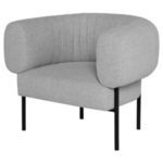Oversized Reina Accent Chair with rounded curved frame, gray upholstery, and slim black metal legs