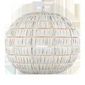 Spherical white pendant light with thin metal strips wrapped around evenly spaced rings