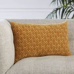 Lumbar pillow styled on light gray textured couch corner with green plant in background