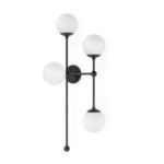 Armstrong 4 R Sconce with four matte glass globes on black metal rods and round wall mount