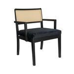 Bramblewood Arm Chair with solid eucalyptus wood frame, black cane backrest, and plush black velvet seat cushion.