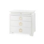 White Elina 3-drawer side table with hand-wrapped lacquered linen finish and square gold drawer pulls