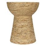 Side profile highlighting gently rounded hourglass silhouette of the woven natural rope table