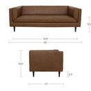 Side view of Woods sofa with measurements showing length, height, and leg clearance