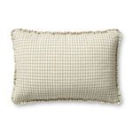 elongated ivory throw pillow with moss green subtle grid pattern and short ruffled edges