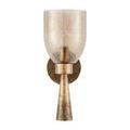 Side profile of gold sconce showing slender tapered arm and circular metal mounting plate