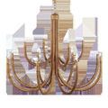 Front angle view of chandelier highlighting symmetrical curved rattan arms