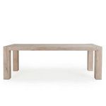 Front view emphasizing wide plank tabletop and symmetrical block legs of reclaimed oak dining table