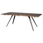 Angle view of Vega Dining Bench emphasizing wood texture and black angled metal legs