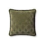 Deep olive green square throw pillow with embroidered floral motifs and fringed edges in soft cotton fabric