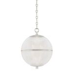 Small spherical pendant light with clear textured glass and polished metal chain suspension