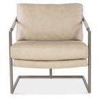 Front-facing view displaying plush leather back and seat cushions with open frame base and armrest detail