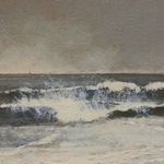 Close-up on the central part of the painting showing foamy ocean waves and subtle brush strokes in muted tones