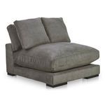 Plunge sofa shown from a three-quarter side angle highlighting thick cushions and short wooden legs.