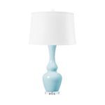 Ansonia Lamp with thin double-gourd ceramic base glazed in glossy light blue, clear acrylic base, white fabric shade