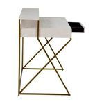 Side profile of Ember Desk with drawer pulled out showing black interior contrast