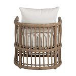 Second angle of Newport Burlap Woven Barrel Chair showing front and side profiles with cushions
