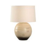 Moriko Lamp with round sandy clay base featuring subtle horizontal texture and ombré from beige to black, topped with a cr...