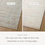 Close-up showing rug's reversible pile with distinct light and dark color sides on wood floor