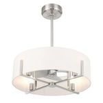 Underside view showing satin nickel metal framework inside white drum shade