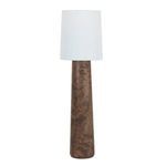Tall floor lamp with burl wood base in tapered cylindrical shape and white fabric drum shade