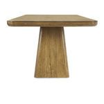 Straight-on end view showing table’s trapezoidal base and thickness of tabletop edges