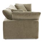 Side profile showcasing the sofa’s structured armrest and thick seat and back cushion in taupe fabric