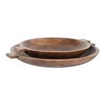 Top-down view of two stacked wooden bowls showing wood grain patterns and flat rectangular handles