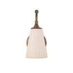 Wilma Sconce with reeded, scalloped white ceramic shade and swan neck brass arm with ball finial