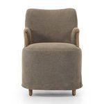 Brently Dining Chair with flax linen slipcover, distressed oak arms, skirted base, and padded S-spring seat