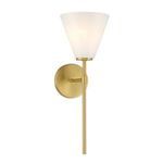 Wall sconce in warm brass with swirling strie glass shade, 17.5 inches tall and 6.25 inches wide