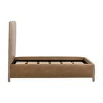 Side view of Emmett Bed frame without mattress showing wooden slats and tan upholstery