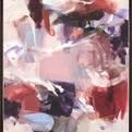 Abstract painting with brushstrokes in shades of pink, white, red, purple, and black in a simple black frame