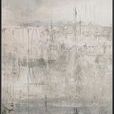 Abstract painting with muted light grays and beige tones, textured layers suggesting a calm dusk landscape with vertical s...