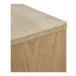 Corner close-up showing junction of travertine top and rounded ash wood edge