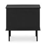 Back view of nightstand revealing solid black panel and extended slim legs