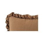 Close-up of Betty Cushion's ruffled edge detail and linen texture in warm brown
