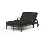 Monterey Double Chaise with curled arm, cross back detail, and dark espresso aluminum frame with black cushions