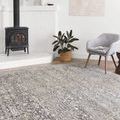 Lucia Grey / Mist rug placed in a bright room near stove, grey chair, and a plant in a woven basket