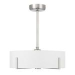 Front angle with white drum shade and visible satin nickel prongs on Mansell 4-light ceiling fan